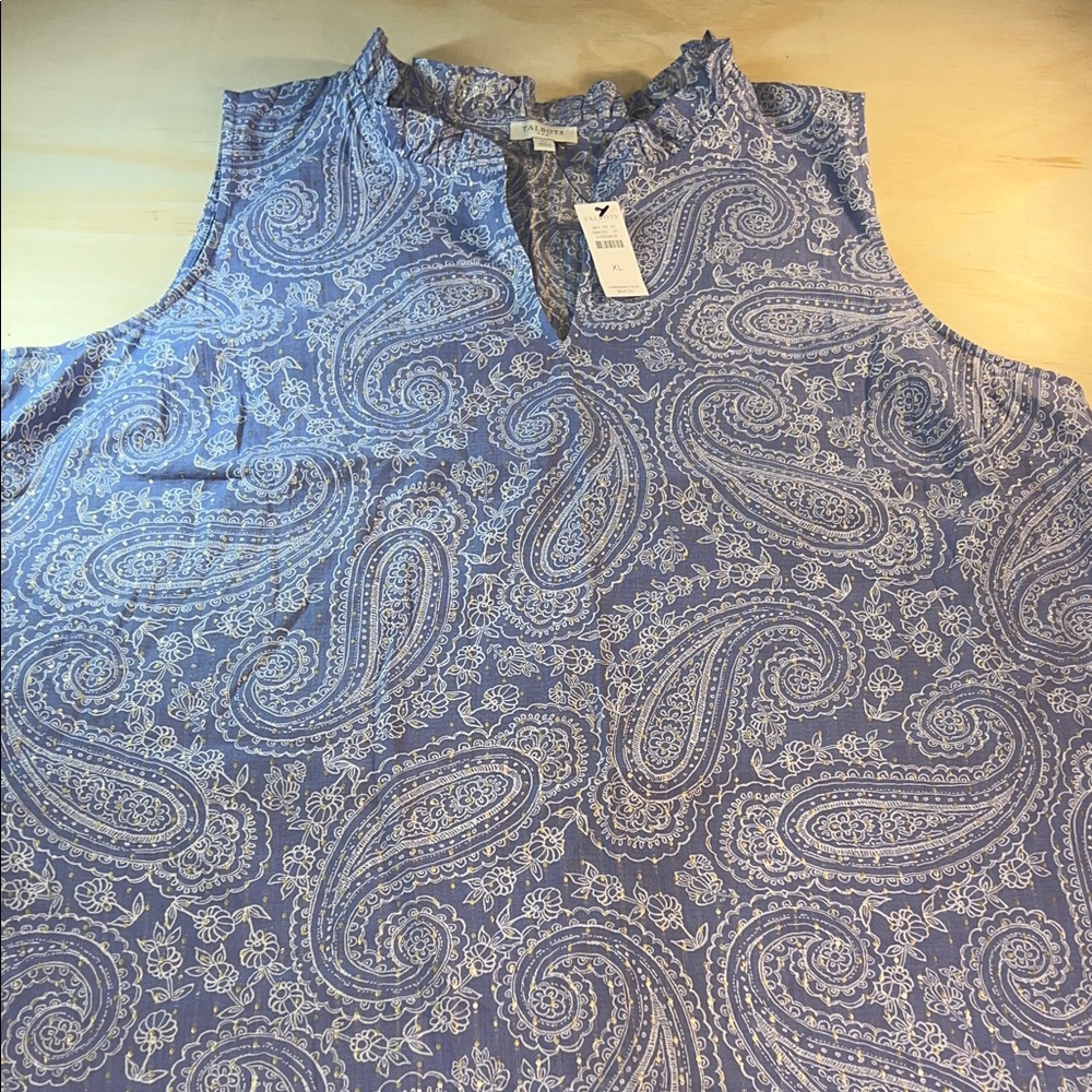 Talbots Paisley Whimsical V-Neck Sleeves Blouse - Light Blue Sz XL
